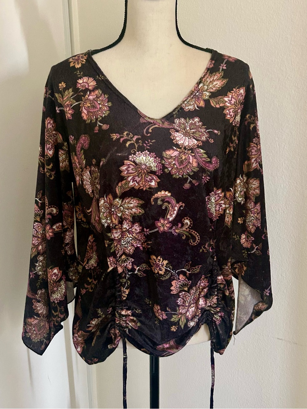 Vintage Crushed Velvet Floral Bell Sleeve Top Whimsigoth Witchy Paisley Size 1X